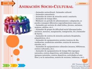 SSC   OA                                                                     CENTROS


               ANIMACIÓN SOCIO-CULTURAL
                     - Animador sociocultural. Animador cultural.
                     - Animador comunitario.
                     - Animador de centro de atención social o sanitario.
                     - Animador de tiempo libre.
                     - Mediante un período de adiestramiento y adaptación, se
                     pueden conseguir diferentes especializaciones como son:
                     - Animador por sectores de edad (niños, jóvenes, ancianos,
                     mujeres, adultos, etc.).
                     - Animador de grupos de dificultad social (discapacitados,
                     ancianos, menores, marginación, inmigración, etc.).Animador
                     de barrio.
                     - Animador de centros de atención sanitaria (hospitales,
                     psiquiátricos, etc.).
                     - Animador de equipamientos sociales (centros de día,
                     residencias, residencias asistidas, centros de menores,
                     cárceles, etc.).
                     - Animador de equipamientos culturales (museos, bibliotecas,
                     centros culturales, etc.).
                     - Animador de equipamientos de tiempo libre (parques
                     naturales, centros deportivos, actividades al aire libre
                     (parques naturales, centros deportivos, actividades al aire
                     libre y en la naturaleza, centros de recursos, ludotecas, etc.).


                                                                   IES "Ventura Morón"
 I         F   C                                                  Juan Carrasco Moriano
                                                                   Orientador Educativo
 