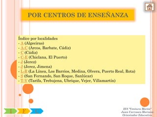POR CENTROS DE ENSEÑANZA


    Índice por localidades
    - A (Algeciras)
    - A-C (Arcos, Barbate, Cádiz)
    - C (Cádiz)
    - C-E (Chiclana, El Puerto)
    - J (Jerez)
    - J (Jerez, Jimena)
    - L-R (La Línea, Los Barrios, Medina, Olvera, Puerto Real, Rota)
    - S (San Fernando, San Roque, Sanlúcar)
    - T-V (Tarifa, Trebujena, Ubrique, Vejer, Villamartín)




                                                             IES "Ventura Morón"
I     F      C                                              Juan Carrasco Moriano
                                                             Orientador Educativo
 