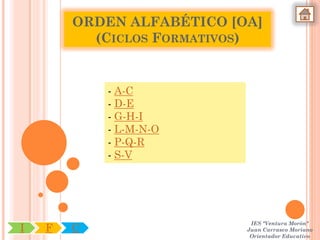ORDEN ALFABÉTICO [OA]
          (CICLOS FORMATIVOS)


            - A-C
            - D-E
            - G-H-I
            - L-M-N-O
            - P-Q-R
            - S-V




                            IES "Ventura Morón"
I   F   C                  Juan Carrasco Moriano
                            Orientador Educativo
 