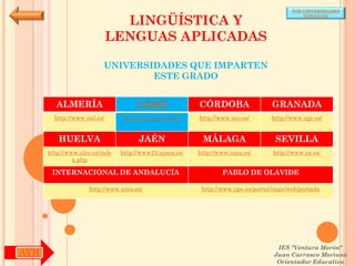 POR UNIVERSIDADES


                               LINGÜÍSTICA Y
                                                                                            (ANDALUCÍA)




                             LENGUAS APLICADAS

                         UNIVERSIDADES QUE IMPARTEN
                                 ESTE GRADO


        ALMERÍA                     CÁDIZ               CÓRDOBA                  GRANADA
        http://www.ual.es/      http://www.uca.es/es/   http://www.uco.es/       http://www.ugr.es/


         HUELVA                      JAÉN                MÁLAGA                   SEVILLA
      http://www.uhu.es/inde   http://www10.ujaen.es/   http://www.uma.es/       http://www.us.es/
               x.php

       INTERNACIONAL DE ANDALUCÍA                               PABLO DE OLAVIDE

                    http://www.unia.es/                  http://www.upo.es/portal/impe/web/portada




                                                                                   IES "Ventura Morón"
AYH                                                                               Juan Carrasco Moriano
                                                                                   Orientador Educativo
 