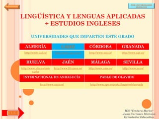 POR UNIVERSIDADES
                                                                                            (ANDALUCÍA)




      LINGÜÍSTICA Y LENGUAS APLICADAS
            + ESTUDIOS INGLESES

             UNIVERSIDADES QUE IMPARTEN ESTE GRADO

        ALMERÍA                     CÁDIZ               CÓRDOBA                  GRANADA
        http://www.ual.es/      http://www.uca.es/es/   http://www.uco.es/       http://www.ugr.es/


         HUELVA                      JAÉN                MÁLAGA                   SEVILLA
      http://www.uhu.es/inde   http://www10.ujaen.es/   http://www.uma.es/       http://www.us.es/
               x.php

       INTERNACIONAL DE ANDALUCÍA                               PABLO DE OLAVIDE

                    http://www.unia.es/                  http://www.upo.es/portal/impe/web/portada




                                                                                   IES "Ventura Morón"
AYH                                                                               Juan Carrasco Moriano
                                                                                   Orientador Educativo
 