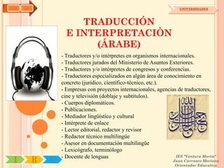 AYH   OA                                                                UNIVERSIDADES



                        TRADUCCIÓN
                     E INTERPRETACIÒN
                          (ÁRABE)
                   - Traductores y/o intérpretes en organismos internacionales.
                   - Traductores jurados del Ministerio de Asuntos Exteriores.
                   - Traductores y/o intérpretes de congresos y conferencias.
                   - Traductores especializados en algún área de conocimiento en
                   concreto (jurídico, científico-técnico, etc.).
                   - Empresas con proyectos internacionales, agencias de traductores,
                   cine y televisión (doblaje y subtítulos).
                   - Cuerpos diplomáticos.
                   - Publicaciones.
                   - Mediador lingüístico y cultural
                   - Intérprete de enlace
                   - Lector editorial, redactor y revisor
                   - Redactor técnico multilingüe
                   - Asesor en documentación multilingüe
                   - Lexicógrafo, terminólogo
                   - Docente de lenguas                               IES "Ventura Morón"
 I         R   U                                                     Juan Carrasco Moriano
                                                                      Orientador Educativo
 