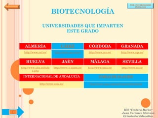 POR UNIVERSIDADES
                                                                                          (ANDALUCÍA)


                             BIOTECNOLOGÍA

                    UNIVERSIDADES QUE IMPARTEN
                            ESTE GRADO


      ALMERÍA                     CÁDIZ               CÓRDOBA                  GRANADA
      http://www.ual.es/      http://www.uca.es/es/   http://www.uco.es/       http://www.ugr.es/


       HUELVA                      JAÉN                MÁLAGA                   SEVILLA
    http://www.uhu.es/inde   http://www10.ujaen.es/   http://www.uma.es/       http://www.us.es/
             x.php

     INTERNACIONAL DE ANDALUCÍA                               PABLO DE OLAVIDE

                  http://www.unia.es/                  http://www.upo.es/portal/impe/web/portada




                                                                                 IES "Ventura Morón"
C                                                                               Juan Carrasco Moriano
                                                                                 Orientador Educativo
 