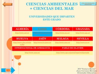 CIENCIAS AMBIENTALES
                                                                                      POR UNIVERSIDADES
                                                                                          (ANDALUCÍA)



                     + CIENCIAS DEL MAR

                       UNIVERSIDADES QUE IMPARTEN
                               ESTE GRADO


      ALMERÍA                     CÁDIZ               CÓRDOBA                  GRANADA
      http://www.ual.es/      http://www.uca.es/es/   http://www.uco.es/       http://www.ugr.es/


       HUELVA                      JAÉN                MÁLAGA                   SEVILLA
    http://www.uhu.es/inde   http://www10.ujaen.es/   http://www.uma.es/       http://www.us.es/
             x.php

     INTERNACIONAL DE ANDALUCÍA                               PABLO DE OLAVIDE

                  http://www.unia.es/                  http://www.upo.es/portal/impe/web/portada




                                                                                 IES "Ventura Morón"
C                                                                               Juan Carrasco Moriano
                                                                                 Orientador Educativo
 