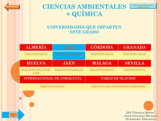 CIENCIAS AMBIENTALES
                                                                                      POR UNIVERSIDADES
                                                                                          (ANDALUCÍA)



                         + QUÍMICA

                       UNIVERSIDADES QUE IMPARTEN
                               ESTE GRADO


      ALMERÍA                     CÁDIZ               CÓRDOBA                  GRANADA
      http://www.ual.es/      http://www.uca.es/es/   http://www.uco.es/       http://www.ugr.es/


       HUELVA                      JAÉN                MÁLAGA                   SEVILLA
    http://www.uhu.es/inde   http://www10.ujaen.es/   http://www.uma.es/       http://www.us.es/
             x.php

     INTERNACIONAL DE ANDALUCÍA                               PABLO DE OLAVIDE

                  http://www.unia.es/                  http://www.upo.es/portal/impe/web/portada




                                                                                 IES "Ventura Morón"
C                                                                               Juan Carrasco Moriano
                                                                                 Orientador Educativo
 