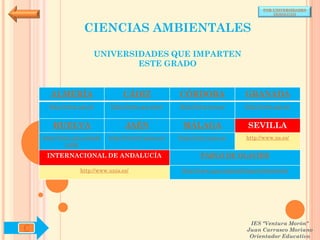 POR UNIVERSIDADES
                                                                                          (ANDALUCÍA)



                   CIENCIAS AMBIENTALES

                       UNIVERSIDADES QUE IMPARTEN
                               ESTE GRADO


      ALMERÍA                     CÁDIZ               CÓRDOBA                  GRANADA
      http://www.ual.es/      http://www.uca.es/es/   http://www.uco.es/       http://www.ugr.es/


       HUELVA                      JAÉN                MÁLAGA                   SEVILLA
    http://www.uhu.es/inde   http://www10.ujaen.es/   http://www.uma.es/       http://www.us.es/
             x.php

     INTERNACIONAL DE ANDALUCÍA                               PABLO DE OLAVIDE

                  http://www.unia.es/                  http://www.upo.es/portal/impe/web/portada




                                                                                 IES "Ventura Morón"
C                                                                               Juan Carrasco Moriano
                                                                                 Orientador Educativo
 