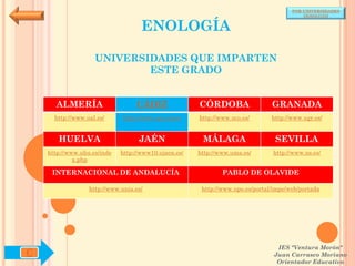 POR UNIVERSIDADES
                                                                                          (ANDALUCÍA)


                                    ENOLOGÍA

                    UNIVERSIDADES QUE IMPARTEN
                            ESTE GRADO


      ALMERÍA                     CÁDIZ               CÓRDOBA                  GRANADA
      http://www.ual.es/      http://www.uca.es/es/   http://www.uco.es/       http://www.ugr.es/


       HUELVA                      JAÉN                MÁLAGA                   SEVILLA
    http://www.uhu.es/inde   http://www10.ujaen.es/   http://www.uma.es/       http://www.us.es/
             x.php

     INTERNACIONAL DE ANDALUCÍA                               PABLO DE OLAVIDE

                  http://www.unia.es/                  http://www.upo.es/portal/impe/web/portada




                                                                                 IES "Ventura Morón"
C                                                                               Juan Carrasco Moriano
                                                                                 Orientador Educativo
 