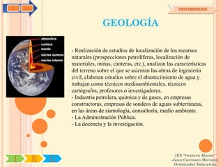 C   OA                                                             UNIVERSIDADES




                               GEOLOGÍA

                 - Realización de estudios de localización de los recursos
                 naturales (prospecciones petrolíferas, localización de
                 materiales, minas, canteras, etc.), analizan las características
                 del terreno sobre el que se asientan las obras de ingeniería
                 civil, elaboran estudios sobre el abastecimiento de agua y
                 trabajan como técnicos medioambientales, técnicos
                 cartógrafos, profesores o investigadores.
                 - Industria petrolera, química y de gases, en empresas
                 constructoras, empresas de sondeos de aguas subterráneas,
                 en las áreas de sismología, consultoría, medio ambiente.
                 - La Administración Pública.
                 - La docencia y la investigación.




                                                                 IES "Ventura Morón"
I        R   U                                                  Juan Carrasco Moriano
                                                                 Orientador Educativo
 