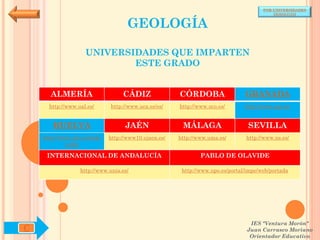 POR UNIVERSIDADES
                                                                                          (ANDALUCÍA)


                                    GEOLOGÍA

                    UNIVERSIDADES QUE IMPARTEN
                            ESTE GRADO


      ALMERÍA                     CÁDIZ               CÓRDOBA                  GRANADA
      http://www.ual.es/      http://www.uca.es/es/   http://www.uco.es/       http://www.ugr.es/


       HUELVA                      JAÉN                MÁLAGA                   SEVILLA
    http://www.uhu.es/inde   http://www10.ujaen.es/   http://www.uma.es/       http://www.us.es/
             x.php

     INTERNACIONAL DE ANDALUCÍA                               PABLO DE OLAVIDE

                  http://www.unia.es/                  http://www.upo.es/portal/impe/web/portada




                                                                                 IES "Ventura Morón"
C                                                                               Juan Carrasco Moriano
                                                                                 Orientador Educativo
 