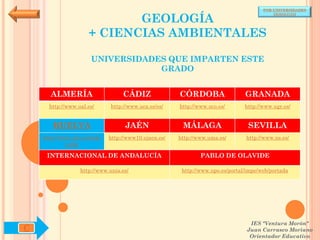 POR UNIVERSIDADES


                            GEOLOGÍA
                                                                                          (ANDALUCÍA)




                     + CIENCIAS AMBIENTALES

                      UNIVERSIDADES QUE IMPARTEN ESTE
                                  GRADO


      ALMERÍA                     CÁDIZ               CÓRDOBA                  GRANADA
      http://www.ual.es/      http://www.uca.es/es/   http://www.uco.es/       http://www.ugr.es/


       HUELVA                      JAÉN                MÁLAGA                   SEVILLA
    http://www.uhu.es/inde   http://www10.ujaen.es/   http://www.uma.es/       http://www.us.es/
             x.php

     INTERNACIONAL DE ANDALUCÍA                               PABLO DE OLAVIDE

                  http://www.unia.es/                  http://www.upo.es/portal/impe/web/portada




                                                                                 IES "Ventura Morón"
C                                                                               Juan Carrasco Moriano
                                                                                 Orientador Educativo
 
