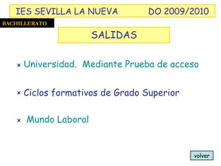 volver Universidad.  Mediante Prueba de acceso Ciclos formativos de Grado Superior Mundo Laboral BACHILLERATO SALIDAS IES SEVILLA LA NUEVA DO 2009/2010 