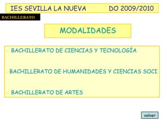 MODALIDADES BACHILLERATO DE CIENCIAS Y TECNOLOGÍA BACHILLERATO DE HUMANIDADES Y CIENCIAS SOCIALES BACHILLERATO DE ARTES volver BACHILLERATO IES SEVILLA LA NUEVA DO 2009/2010 