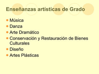 Enseñanzas artísticas de Grado Música Danza Arte Dramático Conservación y Restauración de Bienes Culturales Diseño Artes Plásticas 