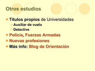 Otros estudios Títulos propios  de Universidades Auxiliar de vuelo Detective Policía ,  Fuerzas Armadas  Nuevas profesiones Más info:  Blog  de Orientación 