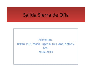 Salida Sierra de OñaSalida Sierra de Oña
Asistentes:
Oskari, Puri, María Eugenia, Luis, Ana, Natxo y
Javi.
20-04-2013
 
