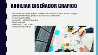 AUXILIAR DISEÑADOR GRAFICO
Desarrollar soluciones graficas, presentar información de forma impresa o digital
promocionar la marca, producto o servicio de una empresa.
Comunicación grafica
Corrección y edición fotográfica
Diseño editorial
Diseño en 2D para la web
Introducción al trabajo
 