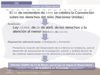 El 20 de noviembre de 1989 se celebra la Convención sobre los derechos del niño (Naciones Unidas) Andalucía: Ley 1/1998, de 20 de abril, de los derechos y la atención al menor  (BOJA n.53, de 12.05.98)   Disposición adicional sexta.  Investigación y formación. Presenta la creación del Observatorio de la Infancia en Andalucía, para el desarrollo de actuaciones de investigación, estudio y análisis técnico de las materias relacionadas con los derechos y la atención a los menores. OIA Creación del Observatorio Decreto 75/2001 de 13 de Marzo, por el que se regula el Observatorio de la Infancia en Andalucía 