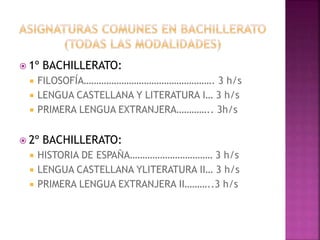  1º BACHILLERATO:
 FILOSOFÍA……………………………………………. 3 h/s
 LENGUA CASTELLANA Y LITERATURA I… 3 h/s
 PRIMERA LENGUA EXTRANJERA………….. 3h/s
 2º BACHILLERATO:
 HISTORIA DE ESPAÑA…………………………… 3 h/s
 LENGUA CASTELLANA YLITERATURA II… 3 h/s
 PRIMERA LENGUA EXTRANJERA II………..3 h/s
 