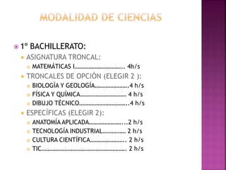  1º BACHILLERATO:
 ASIGNATURA TRONCAL:
 MATEMÁTICAS I………………………….. 4h/s
 TRONCALES DE OPCIÓN (ELEGIR 2 ):
 BIOLOGÍA Y GEOLOGÍA………………….4 h/s
 FÍSICA Y QUÍMICA………………………… 4 h/s
 DIBUJO TÉCNICO…………………………..4 h/s
 ESPECÍFICAS (ELEGIR 2):
 ANATOMÍA APLICADA…………………...2 h/s
 TECNOLOGÍA INDUSTRIAL…………… 2 h/s
 CULTURA CIENTÍFICA………………….. 2 h/s
 TIC………………………………………………. 2 h/s
 