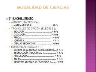  2º BACHILLERATO:
 ASIGNATURA TRONCAL:
 MATEMÁTICAS II………………………….. 4h/s
 TRONCALES DE OPCIÓN (ELEGIR 2 ):
 BIOLOGÍA …………………………………...4 h/s
 GEOLOGÍA…………………………………… 4 h/s
 FÍSICA………………………………………….. 4 h/s
 QUÍMICA……………………………………… 4 h/s
 DIBUJO TÉCNICO II………………………..4 h/s
 ESPECÍFICAS (ELEGIR 1):
 CIENCIAS DE LA TIERRA Y MEDIO AMBIENTE...4 h/s
 TECNOLOGÍA INDUSTRIAL II….…………… 4 h/s
 PSICOLOGIA……………….………………….. 4 h/s
 TIC II………………………………………………... 4 h/s
 SEGUNDA LENGUA EXTRANJERA II…….. 4 h/s
 