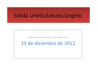 Salida Urieta,Eskutxi,Ungino


     Asistentes: Susana, Puri, Oskari, Vicario, Natxo y Luis.


  23 de diciembre de 2012
 
