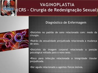 Diagnóstico de Enfermagem
•Distúrbio no padrão de sono relacionado com: medo da
cirurgia.
•Padrão da sexualidade prejudicada relacionada a mudança
de sexo.
•Distúrbio da imagem corporal relacionado a posição
psicológica voltada para o novo sexo.
•Risco para infecção relacionada a integridade tissular
prejudicada.
•Dor aguda relacionado a agentes físicos lesivos.
 