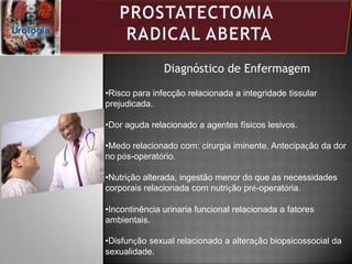 Diagnóstico de Enfermagem
•Risco para infecção relacionada a integridade tissular
prejudicada.
•Dor aguda relacionado a agentes físicos lesivos.
•Medo relacionado com: cirurgia iminente. Antecipação da dor
no pós-operatório.
•Nutrição alterada, ingestão menor do que as necessidades
corporais relacionada com nutrição pré-operatória.
•Incontinência urinaria funcional relacionada a fatores
ambientais.
•Disfunção sexual relacionado a alteração biopsicossocial da
sexualidade.
 