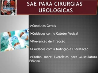 Condutas Gerais
Cuidados com o Cateter Vesical
Prevenção de Infecção
Cuidados com a Nutrição e Hidratação
Ensino sobre Exercícios para Musculatura
Pélvica
 