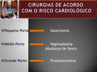 Pequeno Porte Vasectomia
Médio Porte Vaginoplastia
(Mudança de Sexo)
Grande Porte Prostatectomia
 