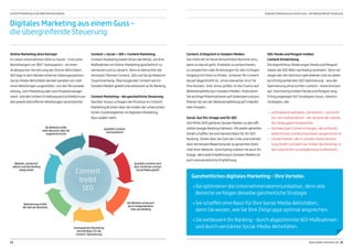 Content
treibt
SEO
Content: Erfolgreich in Sozialen Medien
Das Internet ist heute Anlaufstelle Nummer eins,
wenn es darum geht, Produkte zu recherchieren,
zu vergleichen oder Anleitungen für den richtigen
Umgang mit ihnen zu finden. Je besser Ihr Content
darauf abgestimmt ist, umso relevanter ist er für
Ihre Kunden. Und: Umso größer ist die Chance auf
Weiterempfehlung in Sozialen Medien. Publizieren
Sie wichtige Präsentationen auf Slideshare und pro-
fitieren Sie von der Weiterempfehlung auf LinkedIn
oder Google+.
Social: Gut fürs Image und für SEO
Seit Mitte 2010 gehören Soziale Medien zu den offi-
ziellen Google-Ranking-Faktoren. Mit jedem geteilten
Inhalt schaffen Sie eine bessere Basis für Ihr SEO-
Ranking. Direkt über die Zahl der Links und indirekt
über die bessere Bewertung der so genannten Auto-
rität Ihrer Website. Gleichzeitig stärken Sie auch Ihr
Image, denn jede Empfehlung in Sozialen Medien ist
auch eine persönliche Empfehlung.
Digitales Marketing aus einem Guss –
die übergreifende Steuerung
SEO: Panda und Penguin treiben
Content-Entwicklung
Die Algorithmus-Änderungen Panda und Penguin
haben die SEO-Welt nachhaltig verändert. Denn sie
zeigen der rein technisch getriebenen und vor allem
kurzfristig wirkenden SEO-Optimierung – also der
Optimierung ohne echten Content – klare Grenzen
auf. Gleichzeitig treiben Panda und Penguin lang-
fristig angelegte SEO-Strategien voran, nämlich
Strategien, die:
→→ auf Keywords aufbauen, die wirklich – und nicht
nur rein mathematisch – der Sprache der relevan-
ten Zielgruppen entsprechen.
→→ hochwertigen Content erzeugen, der an Nutzer-
bedürfnissen und Businesszeilen ausgerichtet ist.
→→ Content bieten, der in Sozialen Media Verbrei-
tung findet und damit als Treiber des Rankings in
den natürlichen Suchergebnissen funktioniert.
Online-Marketing ohne Konzept
In vielen Unternehmen fehlt es heute – trotz aller
Bemühungen um 360°-Kampagnen – an einer
strategischen Vernetzung der Online-Aktivitäten.
SEO liegt in den Händen externer Datenspezialisten.
Social-Media-Aktivitäten werden parallel von meh-
reren Abteilungen angestoßen: von der Personalab-
teilung, vom Marketing oder vom Produktmanage-
ment. Und die Content-Erstellung wird schließlich von
den jeweils betroffenen Abteilungen verantwortet.
Content + Social + SEO = Content Marketing
Content Marketing bietet Ihnen die Mittel, um Ihre
Maßnahmen im Online-Marketing ganzheitlich zu
vernetzen und zu steuern. Denn es betrachtet die
zentralen Themen Content, SEO und Social Media im
Zusammenhang: Überzeugender Content wird in
Sozialen Medien geteilt und verbessert so Ihr Ranking.
Content Marketing – die ganzheitliche Steuerung
Darüber hinaus schlagen die Prozesse im Content
Marketing Brücken über die Gräber der unterschied-
lichen Zuständigkeiten im digitalen Marketing.
Dazu später mehr.
Ganzheitliches digitales Marketing – Ihre Vorteile:
→→ Sie optimieren die Unternehmenskommunikation, denn alle 	
Bereiche verfolgen dieselbe ganzheitliche Strategie
→→ Sie schaffen eine Basis für Ihre Social-Media-Aktivitäten, 		
denn Sie wissen, wie Sie Ihre Zielgruppe optimal ansprechen.
→→ Sie verbessern Ihr Ranking – durch abgestimmte SEO-Maßnahmen
und durch verstärkte Social-Media-Aktivitäten.
Qualitäts-Content
wird publiziert
Qualitäts-Content wird
über Fachforen und per
Social Media geteilt
Die Website verbessert
durch steigende Back-
links das Ranking
Konsequentes Monitoring
wird die Basis für die
Content- Optimierung
Optimierung erhöht
die Zahl der Backlinks
Website-„Authority“
wächst und das Ranking
steigt weiter
Die Website erhält
mehr Besucher über die
organische Suche
22 23www.salient-doremus.de
Content Marketing in der B2B-Kommunikation Digitales Marketing aus einem Guss – die übergreifende Steuerung
 