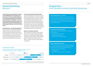 Umfrage 2011 unter 1035 Internetnutzern; Quelle: Keylens
Relevanz
Unterhaltung
Interaktion
Was Nutzer wollen
61 % 9 %
44 % 18 %
30 % 34 %
30 %
38 %
36 %
sehr wichtig neutral nicht wichtig
„Welche Punkte sind bei der Kommunikation von Unternehmen
in sozialen Netzwerken wichtig?“, Antworten in %
Content Marketing:
Warum?
Sie gewinnen …
mehr Kunden und eine zentrale Steuerung
Für Unternehmen wird der Webauftritt und seine
schnelle Auffindbarkeit immer wichtiger, denn
das Internet ist heute das wichtigste Medium in
der Investitionsvorbereitung und -entscheidung.
In der ersten Phase – der Recherche – sind es vor
allem Suchmaschinen, die genutzt werden, und in
späteren Phasen wie dem Produktvergleich sind
es überwiegend die Händler- oder Hersteller-Platt-
formen.
Der Kundennutzen – das Entscheidungskriterium
Dabei interessieren sich Einkäufer und Anwender
weniger für technische oder inhaltliche Details.
Sie suchen Antworten: Welche Lösung bringt mir
den optimalen Nutzen? Sie entscheiden sich zuerst
nicht für ein Produkt, weil es bestimmten tech-
nischen Anforderungen genügt, sondern weil ein
Angebot genau der Aufgabenstellung entspricht.
Der Trend zu wertorientierter Kommunikation
Gute Vertriebsmitarbeiter wissen längst, was „wert-
orientierte Kommunikation“ ist. Intuitiv, vertrauend
auf ihre langjährige Erfahrung, finden sie im persön-
lichen Gespräch die richtigen Argumente. Argu-
mente, die den individuellen Kundennutzen in den
Mittelpunkt stellen. Nur leider erfüllt die digitale
Kommunikation vieler Unternehmen diese Anforde-
rung noch nicht. Sie konzentriert sich auf Produktei-
genschaften, nicht auf die individuellen Vorteile, die
ihre Angebote aus Sicht der Suchenden bieten.
Relevanz – der Schlüssel zum Erfolg
Nutzer wünschen sich relevante Inhalte. Inhalte,
die sie in den verschiedenen Phase des Kaufzyklus
unterstützen – in der Orientierungsphase wie auch
bei der Nutzung eines Angebots. Content Marketing
gibt Ihnen das Rüstzeug, passende Inhalte zu
finden, zu erstellen und in den richtigen Kanälen
zu publizieren.
Zwei Herausforderungen – eine Antwort
Mit einer Marketing-Strategie, die sich auf relevante Inhalte
fokussiert, schaffen Sie die Basis für eine erfolgreiche Ansprache
von Entscheidern. Dieses Whitepaper zeigt Ihnen, wie Sie mit
Content Marketing zwei zentrale Aufgabenstellungen gleichzeitig
und ganzheitlich erfüllen.
Kunden gewinnen und Kunden binden
Etablieren Sie mit Content Marketing eine wertorientierte
Kommunikation, um
→→ neue Zielgruppen zu erschließen,
→→ neue Kunden zu gewinnen und
→→ Bestandskunden nachhaltig zu binden.
Digitales Marketing aus einem Guss
Innerhalb Ihrer Organisation können Sie über die Entwicklung
einer Content-Marketing-Strategie drei Felder Ihres digitalen
Marketings effektiv und Synergien gewinnend steuern:
→→ den Prozess der Content-Erstellung,
→→ nachhaltiges SEO,
→→ Engagement und Werthaltigkeit in sozialen Medien.
2 3www.salient-doremus.de
Content Marketing in der B2B-Kommunikation Übersicht
 