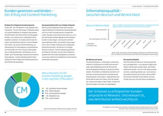 Wunsch/Wirklichkeit Frage: „Im Hinblick auf die genutzten Informationsquellen, wie wichtig sind Ihnen die
folgenden Faktoren und inwiefern sehen Sie die beim Internet erfüllt?“
Sehr wichtig/erfüllt 0
1
2
3
4
5
Sehr unwichtig/gar nicht erfüllt 6
Zugänglichkeit
Inform
ationsbreite
Aktualität
Inform
ationstiefe
Vertrauensw
ürdigkeit
Objektivität
Service
PersönlicherKontakt
Preis
CM
Die Basis für erfolgreiche Kundenansprache
In den USA – den Trendsettern in der digitalen Kom-
munikation – flossen 2011 knapp 17 Milliarden Dollar
ins Content Marketing. Im Vergleich dazu wollten
2012 60 Prozent der Unternehmen ihre Ausgaben
erhöhen, um in diesem hart umkämpften Markt
bestehen zu können. Ein starkes Indiz für das Ver-
trauen, das Marketing-Experten in diese Maßnah-
men setzen. Sie nutzen Content Marketing, um
Interessenten für ihre Angebote zu sensibilisieren,
um Entscheider von ihrer Lösung zu überzeugen
oder um Bestandskunden nachhaltig an sich zu
binden: durch hochwertige, relevante und nützliche
Informationen. Content Marketing bietet Ihnen
die Basis für eine erfolgreiche Kundenansprache in
allen Phasen des Kaufzyklus.
Kunden gewinnen und binden –
Der Erfolg mit Content Marketing
Die Wünsche der Nutzer
Eine aktuelle Studie zu „Information und Kommu-
nikation im Kaufprozess von B2B Unternehmen“1
zeigt, welche Bedeutung Internet-Recherchen
bei der Produktentscheidung im deutschen Markt
spielen. Entscheider und Anwender wünschen sich
neutrales und praxisrelevantes Infomaterial wie
beispielsweisen Case Studies, Anwenderberichte,
Online-Demos oder auch Videos. Doch die Antwor-
ten, die die Suchenden im Netz finden, erfüllen oft
die Erwartungen nicht oder nur ungenügend.
Die passende Botschaft zum richtigen Zeitpunkt
Wie Sie auf den folgenden Seiten sehen werden,
liegt das Geheimnis erfolgreicher Kundenansprache
nicht nur in der Formulierung der richtigen Bot-
schaft. Das allein reicht heute nicht mehr aus, um in
der Informationsvielfalt digitaler Kommunikation,
Kunden zu überzeugen. Sie brauchen vielmehr
passende Botschaften, die inhaltlich überzeugen
und, in der richtigen Tonalität und im adäquaten
Kanal kommuniziert, den Nutzer im richtigen
Moment erreichen. Content Marketing gibt Ihnen
die Mittel an die Hand, um eine hohe inhaltliche
Qualität Ihrer Informationsangebote zu erreichen
und sie auch optimal an die Bedürfnisse Ihrer Nutzer
und Kunden anzupassen. Die nüchterne Realität
Den Informationen fehlt es an Vertrauenswürdig-
keit und Objektivität – so ein weiteres Ergebnis der
Studie. Und das liegt vor allem daran, wie Inhalte
aufbereitet werden. Sie sind in der Regel produkt-
zentriert, verkaufsgetrieben und – da es meist an
personellen Ressourcen für die Erstellung fehlt –
ohne echten Mehrwert für den Nutzer. Kurzum:
Es fehlt ihnen aus Sicht der Nutzer die Relevanz.
	 9 %	 Signifikant höheres Budget
	 45 %	 Höheres Budget
	 34 %	 Gleichbleibendes Budget
	 2 %	 Budgetkürzung
	 10 %	 Unentschieden
Wie entwickelt sich Ihr
Content-Marketing-Budget
in den nächsten 12 Monaten?
Wichtigkeit
Erfüllheit online
Informationsqualität –
zwischen Wunsch und Wirklichkeit
Der Schlüssel zu erfolgreicher Kunden-
ansprache ist Relevanz. Und relevant ist,
was dem Nutzer wirklich wichtig ist.
B2B Content Marketing: 2012 Benchmarks, Budgets and Trends
Quelle: Studie „Information und Kommunikation im Kaufprozess von B2B Unternehmen“,
http://de.slideshare.net/Messe-Interactive/120918-dmi-b2bstudieexecutivesummaryprs
1
Durchgeführt von der Fachhochschule Münster im Auftrag der Deutschen Messe Interactive im Juni 2012.
Mehr unter: http://www.messe-interactive.de/customer-journey-im-b2b/
10 11www.salient-doremus.de
Content Marketing in der B2B-Kommunikation Kunden gewinnen – mit relevanten Botschaften
 
