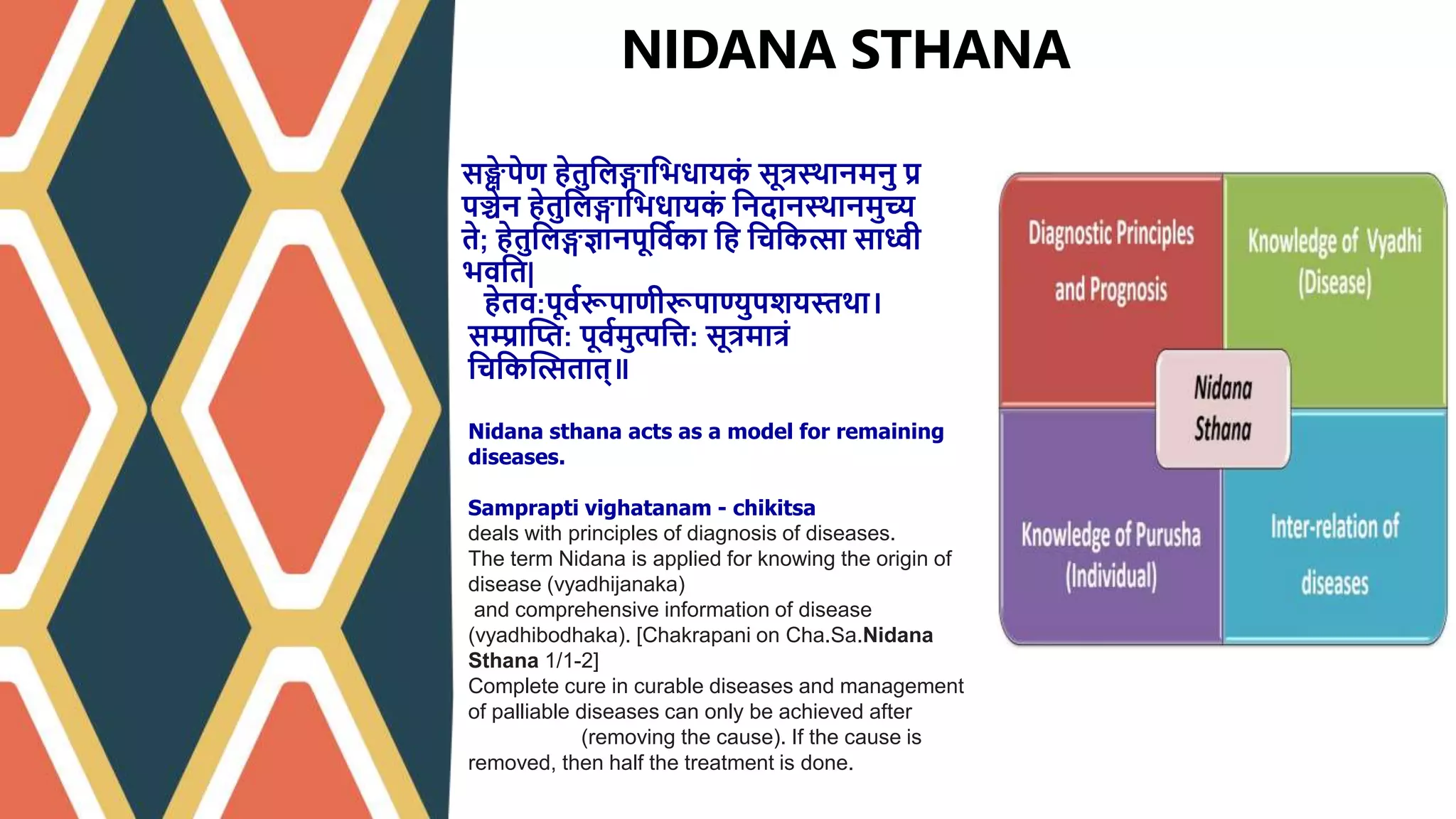 NIDANA STHANA
सङ्क्ष
े पेण हेतुश्वलङ्गाश्वभधायक
ं सूर्त्रस्र्ानमनु प्र
पञ्चेन हेतुश्वलङ्गाश्वभधायक
ं श्वनदानस्र्ानमु्य
ते; हेतुश्वलङ्गज्ञानपूश्वववका श्वह श्वचश्वकत्सा साध्वी
भवश्वत|
हेतव:पूववरूपाणीरूपाण्युपशयस्तर्ा।
सम्प्राद्धि: पूववमुत्पश्वि: सूर्त्रमार्त्रं
श्वचश्वकद्धत्सतात्॥
Nidana sthana acts as a model for remaining
diseases.
Samprapti vighatanam - chikitsa
deals with principles of diagnosis of diseases.
The term Nidana is applied for knowing the origin of
disease (vyadhijanaka)
and comprehensive information of disease
(vyadhibodhaka). [Chakrapani on Cha.Sa.Nidana
Sthana 1/1-2]
Complete cure in curable diseases and management
of palliable diseases can only be achieved after Nidana
Parivarjana (removing the cause). If the cause is
removed, then half the treatment is done.
 