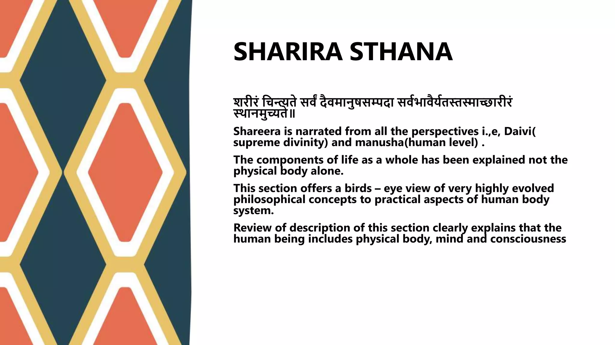 शरीरं श्वचन्त्यते सवं दवमानुषसम्पदा सववभावयवतस्तस्माच्छारीरं
स्र्ानमु्यते॥
Shareera is narrated from all the perspectives i.,e, Daivi(
supreme divinity) and manusha(human level) .
The components of life as a whole has been explained not the
physical body alone.
This section offers a birds – eye view of very highly evolved
philosophical concepts to practical aspects of human body
system.
Review of description of this section clearly explains that the
human being includes physical body, mind and consciousness.
SHARIRA STHANA
 