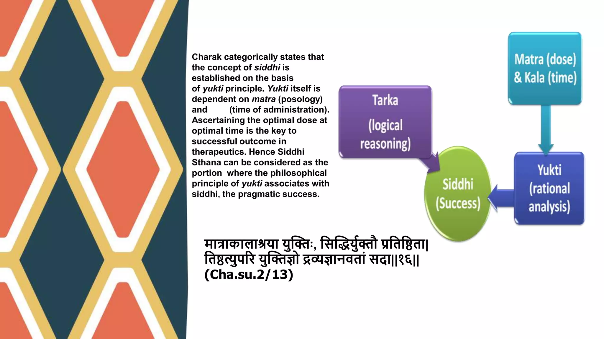 Charak categorically states that
the concept of siddhi is
established on the basis
of yukti principle. Yukti itself is
dependent on matra (posology)
and kala (time of administration).
Ascertaining the optimal dose at
optimal time is the key to
successful outcome in
therapeutics. Hence Siddhi
Sthana can be considered as the
portion where the philosophical
principle of yukti associates with
siddhi, the pragmatic success.
मार्त्राकालाश्रया युद्धक्तः, श्वसद्धियुवक्तौ प्रश्वतश्विता|
श्वतित्युपरर युद्धक्तज्ञो द्रव्यज्ञानवतां सदा||१६||
(Cha.su.2/13)
 