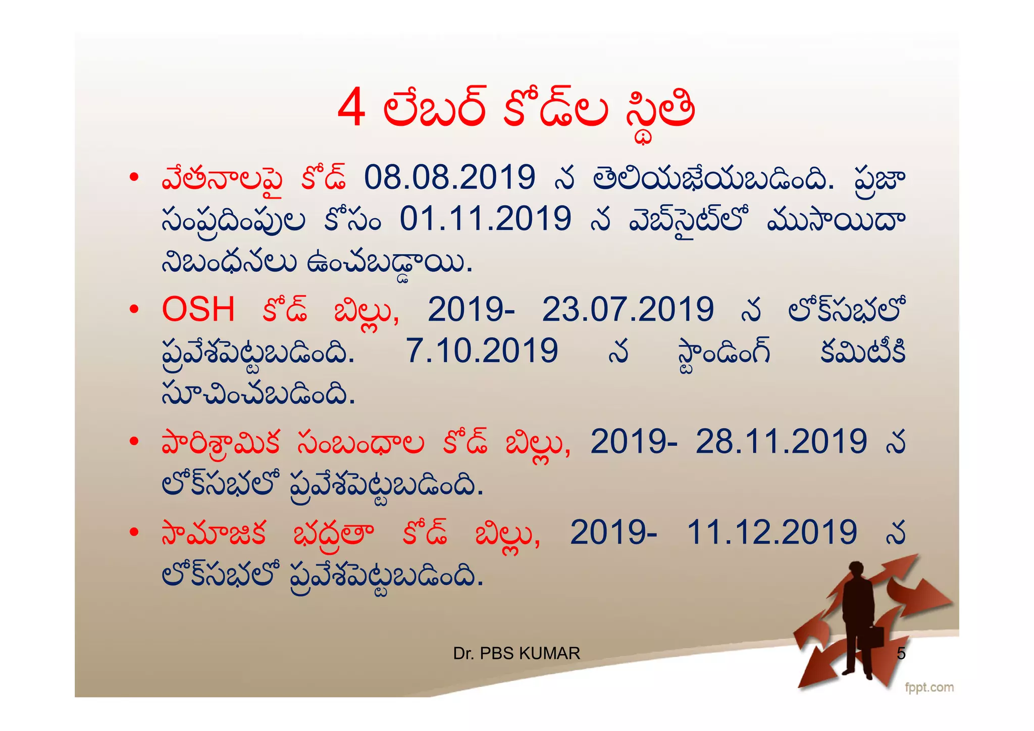 4 బ ల
• త ల ౖ 08.08.2019 న య యబ ం . ప
సంప ం ల సం 01.11.2019 న ౖ
బంధన ఉంచబ .
• OSH , 2019- 23.07.2019 న సభ
ప శ టబ ం . 7.10.2019 న ం ం క
ంచబ ం .
• క సంబం ల , 2019- 28.11.2019 న
సభ ప శ టబ ం .
• క భద , 2019- 11.12.2019 న
సభ ప శ టబ ం .
Dr. PBS KUMAR 5
 