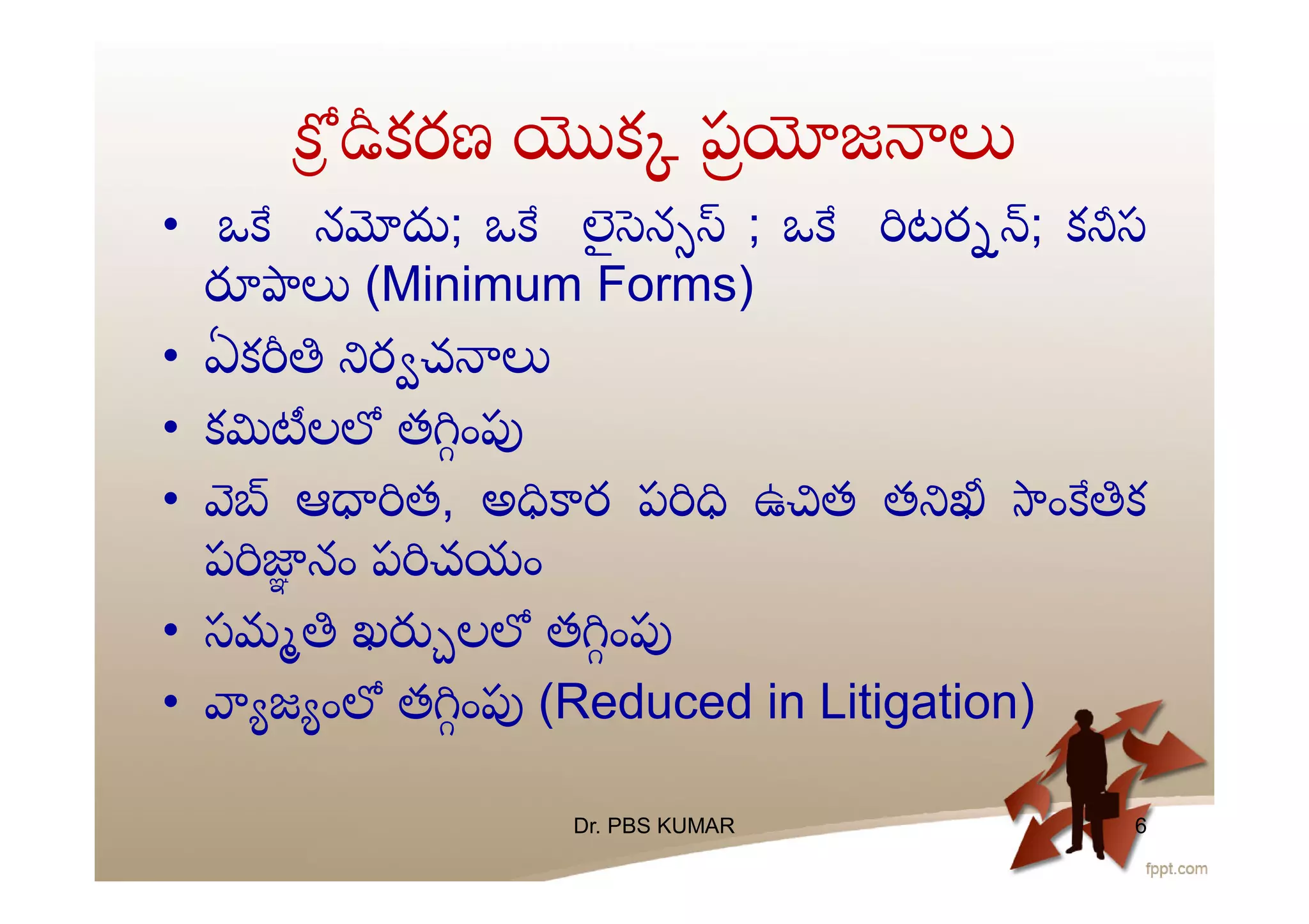 కరణ క ప జ
• ఒ న ; ఒ ౖ న ; ఒ టర ; క స
(Minimum Forms)
• ఏక ర చ
• క ల త ం
• ఆ త, అ ర ప ఉ త త ం క
ప నం ప చయం
• సమ ఖ ల త ం
• జ ం త ం (Reduced in Litigation)
Dr. PBS KUMAR 6
 