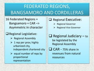 FEDERATED REGIONS,
BANGSAMORO AND CORDILLERAS
16 Federated Regions +
Bangsamoro + CAR –>
Asymmetric in character
Regional Legislative:
 Regional Assembly
 1 rep per prov, highly
urbanized city,
independent chartered city
 equal number of reps by
proportional
representation
 Regional Executive:
 Regional Governor
 Regional Vice Governor
 Regional Judiciary – to
be legislated by the
Regional Assembly
 CAR - 75% share in
revenues from natural
resources
 