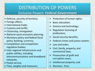 DISTRIBUTION OF POWERS
Exclusive Powers: Federal Government
Defense, security of territory;
Foreign affairs;
International trade;
Customs and tariffs;
Citizenship, immigration
National socio-economic planning;
Monetary policy and federal fiscal
policy, banking, currency;
Competition and competition
regulation bodies;
Inter-regional infrastructure and
public utilities, including
telecommunications and broadband
networks;
Postal service;
Time, weights and measures;
 Protection of human rights;
 Basic education;
 Science and technology;
 Regulation licensing of
professions;
 Social security benefits;
 Federal crimes and justice system;
 Law and order;
 Civil, family, property, and
commercial laws,
 Prosecution of graft and
corruption cases;
 Intellectual property; and
 Elections. Time
 