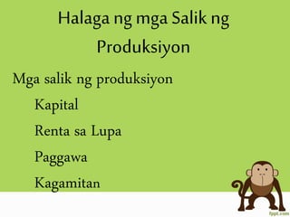 Halagang mga Salik ng
Produksiyon
Mga salik ng produksiyon
Kapital
Renta sa Lupa
Paggawa
Kagamitan
 