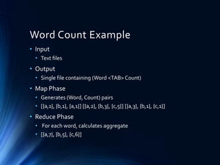 Word Count Example
• Input
• Text files

• Output
• Single file containing (Word <TAB> Count)

• Map Phase
• Generates (Word, Count) pairs
• [{a,1}, {b,1}, {a,1}] [{a,2}, {b,3}, {c,5}] [{a,3}, {b,1}, {c,1}]

• Reduce Phase
• For each word, calculates aggregate
• [{a,7}, {b,5}, {c,6}]

 