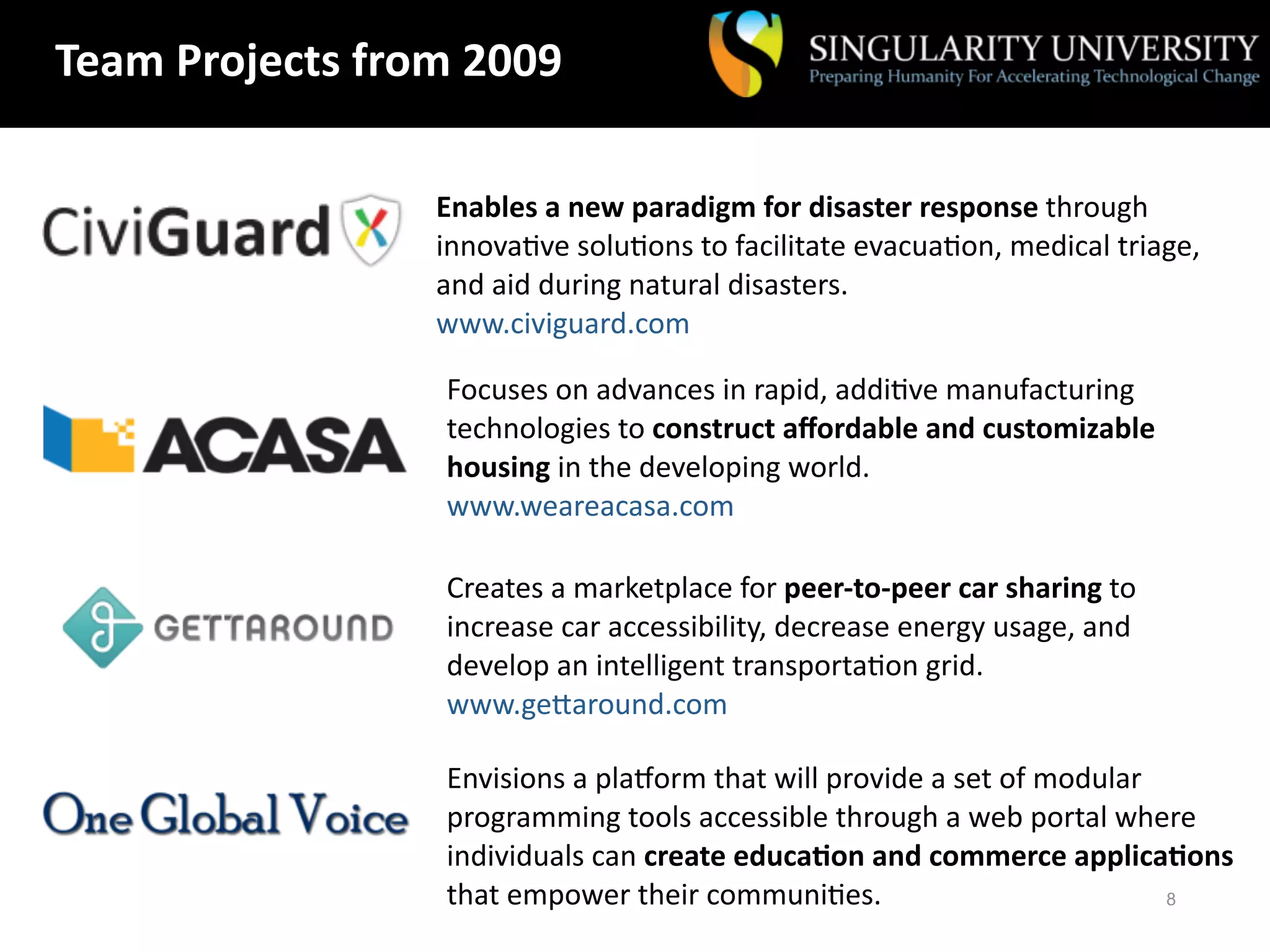 Team Projects from 2009

                 Enables a new paradigm for disaster response through 
                 innovaFve soluFons to facilitate evacuaFon, medical triage, 
                 and aid during natural disasters.
                 www.civiguard.com

                 Focuses on advances in rapid, addiFve manufacturing 
                 technologies to construct aﬀordable and customizable 
                 housing in the developing world.
                 www.weareacasa.com

                 Creates a marketplace for peer‐to‐peer car sharing to 
                 increase car accessibility, decrease energy usage, and 
                 develop an intelligent transportaFon grid.
                 www.geParound.com

                 Envisions a plaRorm that will provide a set of modular 
                 programming tools accessible through a web portal where 
                 individuals can create educaGon and commerce applicaGons 
                 that empower their communiFes.
                      Copyright Singularity University 2007‐10           8
 