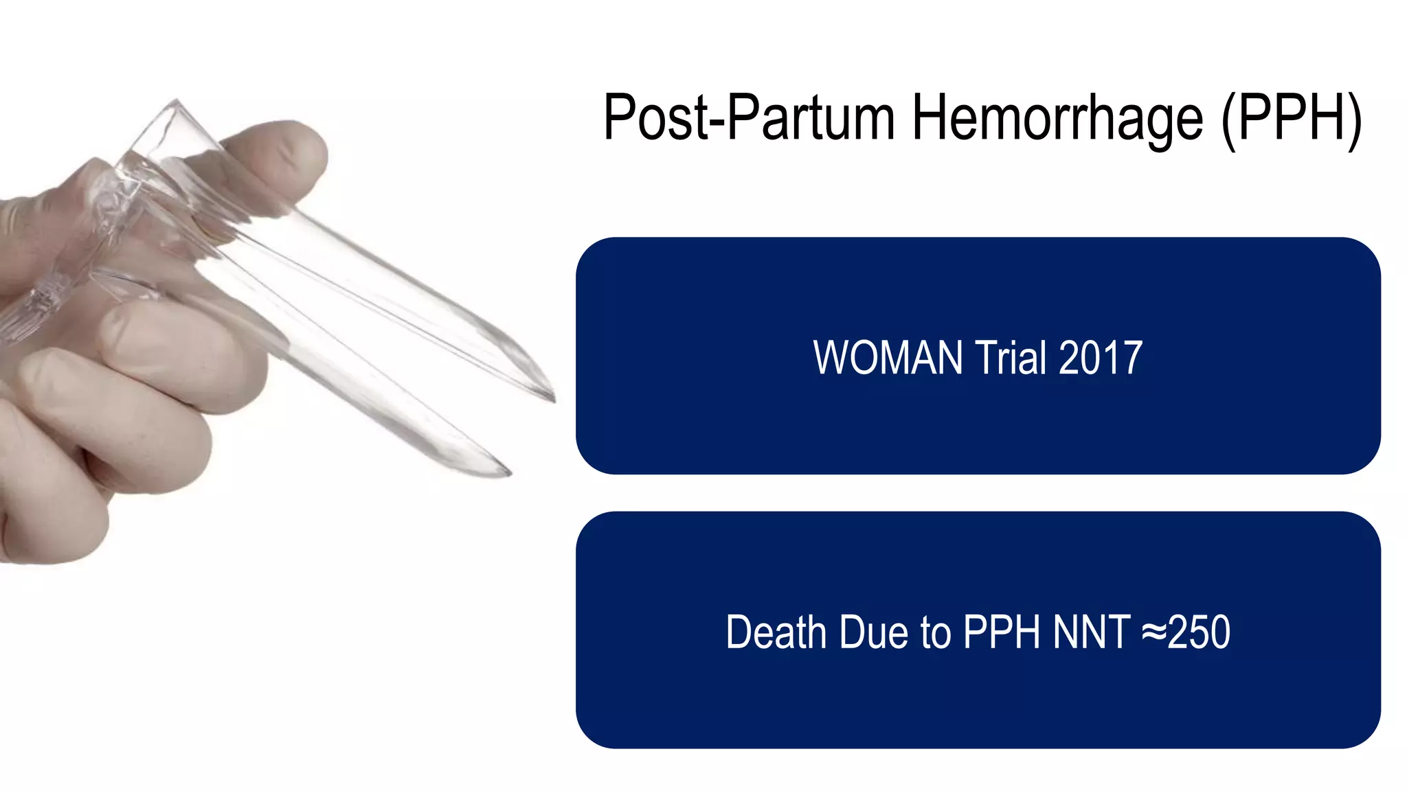 Post-Partum Hemorrhage (PPH)
WOMAN Trial 2017
Death Due to PPH NNT ≈250
 