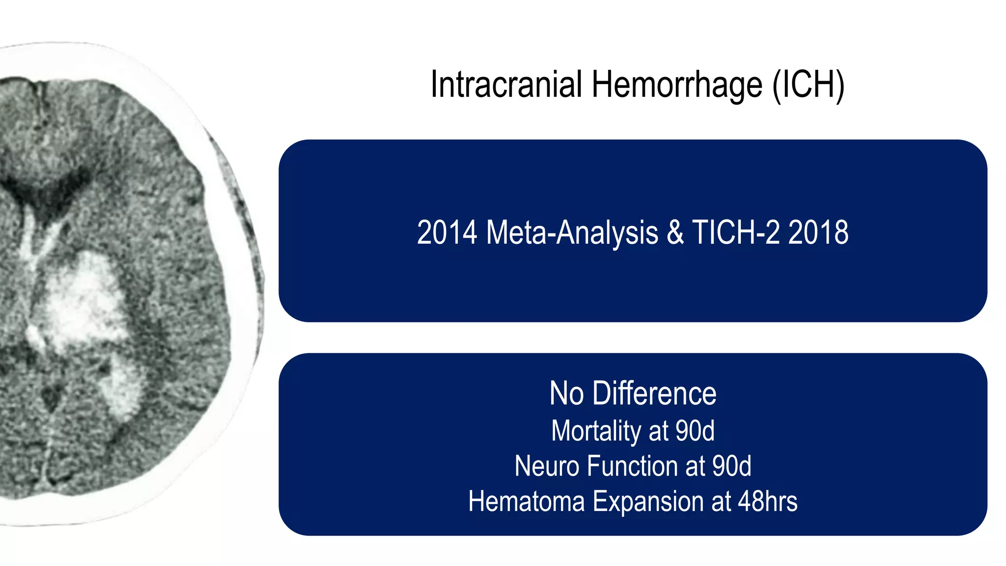 Intracranial Hemorrhage (ICH)
2014 Meta-Analysis & TICH-2 2018
No Difference
Mortality at 90d
Neuro Function at 90d
Hematoma Expansion at 48hrs
 