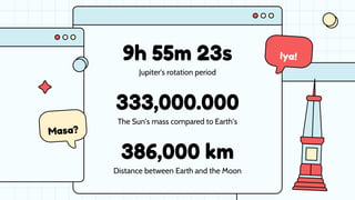 9h 55m 23s
Jupiter's rotation period
333,000.000
The Sun’s mass compared to Earth’s
386,000 km
Distance between Earth and the Moon
 