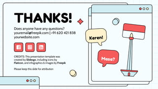 CREDITS: This presentation template was
created by Slidesgo, including icons by
Flaticon, and infographics & images by Freepik
THANKS!
Does anyone have any questions?
youremail@freepik.com | +91 620 421 838
yourwebsite.com
Please keep this slide for attribution
 