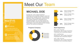 Presentation
Presentation
Presentation
Presentation
Progress Company
Meet Our Team
15%
25%
35%
25%
Easy to change colors,
photos and Text.
Easy to change colors,
photos and Text.
Easy to change colors,
photos and Text.
Easy to change colors,
photos and Text.
/FACEBOOK
You can simply impress your
audience and add a unique zing
and appeal to your Presentations.
@TWITTER
You can simply impress your
audience and add a unique zing
and appeal to your Presentations.
MIKKK STONE
MICHAEL DOE
Example Text : Get a modern PowerPoint
Presentation that is beautifully designed. I hope and I
believe that this Template will your Time, Money and
Reputation. Easy to change colors, photos and Text.
Get a modern PowerPoint Presentation that is
beautifully designed. You can simply impress your
audience and add a unique zing and appeal to your
Presentations. I hope and I believe that this Template
will your Time, Money and Reputation.
Work Experience
2013 ~ 2014 Text here
Example Text : Get a modern PowerPoint
Presentation that is beautifully designed.
2014 ~ 2016Text here
Example Text : Get a modern PowerPoint
Presentation that is beautifully designed
2016 ~ 2020 Text here
Example Text : Get a modern PowerPoint
Presentation that is beautifully designed.
 