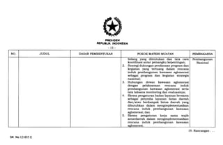 PRESIDEN
REPUEUK INDONESIA
- 1l -
NO. JUDUL DASAR PEMBENTUKAN POKOK MATERI MUATAN PEMRAKARSA
bidang yang ditentukan dan tata cara
koordinasi antar pemangku kepentingan;
2. Strategi dukungan pendanaan program dan
kegiatan yang tertuang dalam rencana
induk pembangunan kawasan aglomerasi
sebagai program dan kegiatan strategis
nasional;
3. Hubungan dewan kawasan aglomerasi
dengan pelaksanaan rencana induk
pembangunan kawasan aglomerasi serta
tata laksana monitoring dan evaluasinya;
4. Skema pengaturan badan layanan bersama
sebagai penyedia layanan lintas daerah
dan/ atau berdampak lintas daerah yang
dibutuhkan dalam mengimplementasikan
rencana induk pembangunan kawasan
eglomerasi; dan
5. Skema pengaturan kerja sama wajib
antardaerah dalam mengimplementasikan
rencana induk pembErngunan kawasan
aglomerasi.
Pembangunan
Nasional
SK No 121055 C
19. Rancangan . . .
 