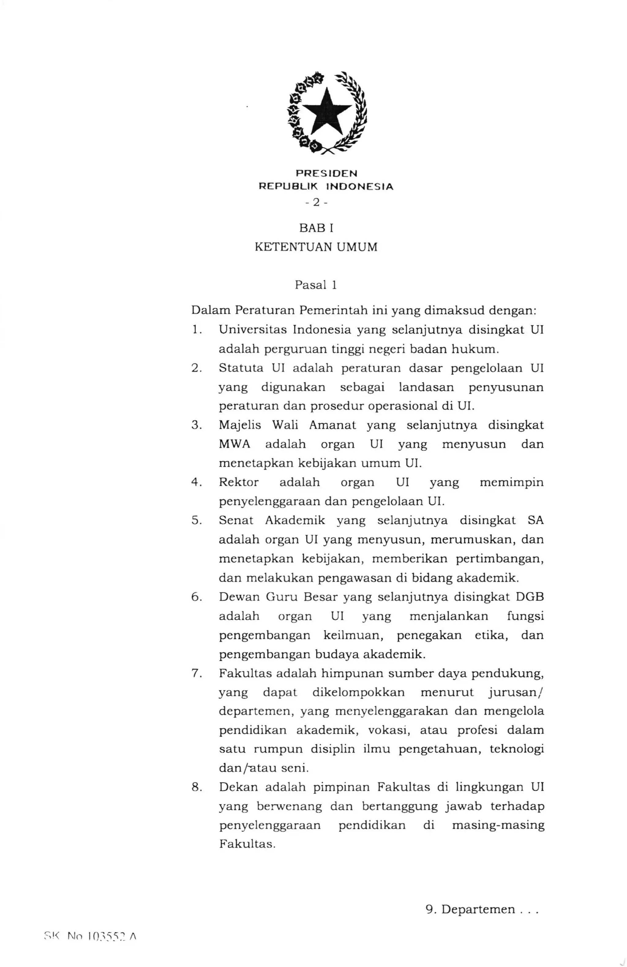 Statuta Salinan pp nomor 75 tahun 2021 tentang statuta ui | PDF