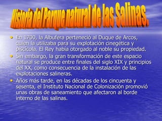 • En 1700, la Albufera perteneció al Duque de Arcos,
quien la utilizaba para su explotación cinegética y
piscícola. El Rey había otorgado al noble su propiedad.
• Sin embargo, la gran transformación de este espacio
natural se produce entre finales del siglo XIX y principios
del XX, como consecuencia de la instalación de las
explotaciones salineras.
• Años más tarde, en las décadas de los cincuenta y
sesenta, el Instituto Nacional de Colonización promovió
unas obras de saneamiento que afectaron al borde
interno de las salinas.
 